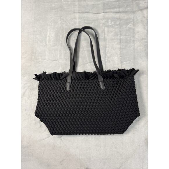 Ah-Dorned Black Woven Neoprene Fringe Tote | Soft Structured Shoulder Bag - Picture 1 of 12